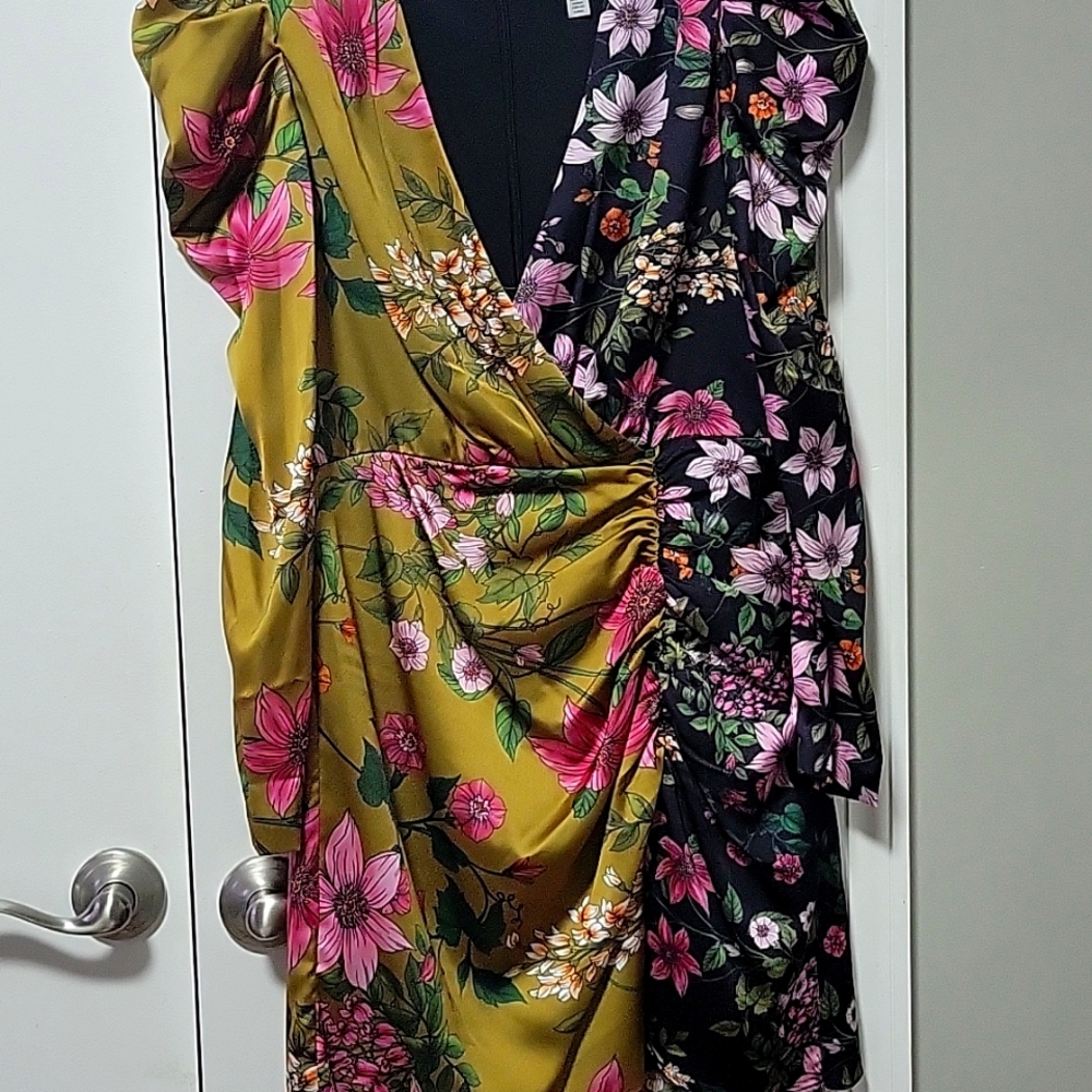 This is a Monique Lhuillier floral black green and pink size 10 dress